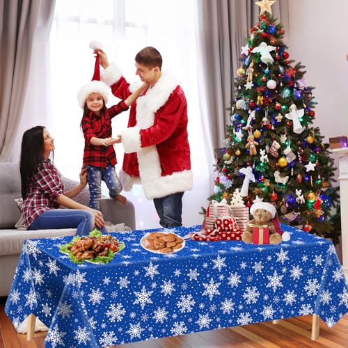 4 Pack Xmas Tablecloth Christmas Snowflake Table Cloth White Snowflake Blue Backdrop Table Covers Xmas Party Decorations for Winter Christmas Holiday New Year Party Supply 51 x 86 Inch