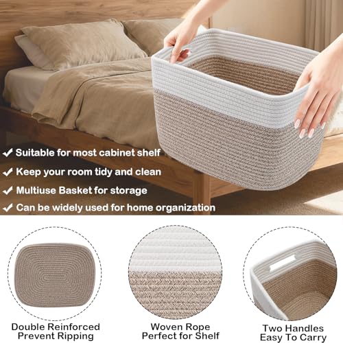 3 Pack White and Brown Woven Storage Baskets with Handles - Home Organization