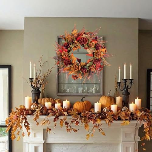 Fall Orange Wreath for Front Door 22 Inch Autumn Decor with Chrysanthemums & Maple Leaves