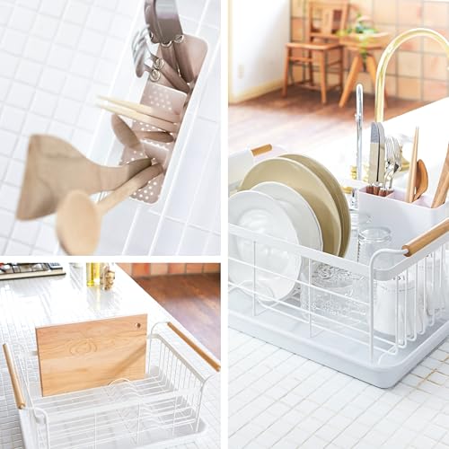 YAMAZAKI White Dish Drying Rack with Removable Tray & Cutlery Holder – Modern Kitchen Organizer
