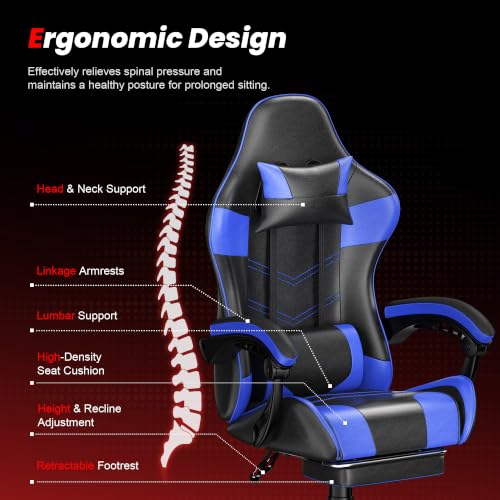 Blue Gaming Chair with Footrest, Ergonomic Video Game Chair for Adults