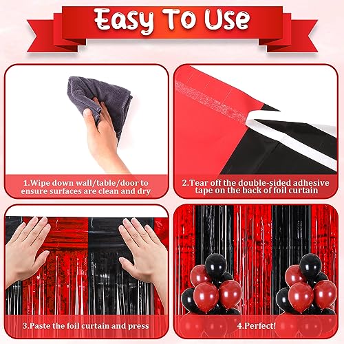 2 Pack 3.3x8.2 Feet Red and Black Foil Fringe Backdrop Curtains, Tinsel Streamers Birthday Party Decorations, Fringe Backdrop for Graduation, Movie Night, Horror Party