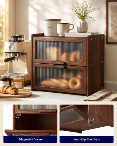 Kitsure Wooden Bread Box with Double Layers, Large 14.4 x 9.5 x 13.4 in, Brown Kitchen Storage