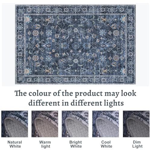 Distressed Blue & Black 5x7 Washable Area Rug for Bedroom & Living Room - Non-Slip