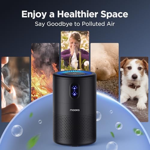 MOOKA Air Purifier for Large Rooms up to 1076 ft² - True HEPA Filter, Black