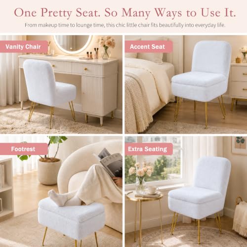 HOZYZO White Faux Fur Vanity Chair with Folding Back, Adult Size Makeup Ottoman