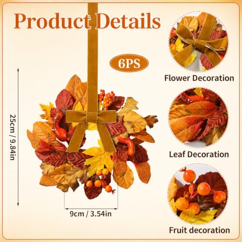 Mini Fall Wreaths Set of 6 for Kitchen Cabinets - Autumn Harvest Decor