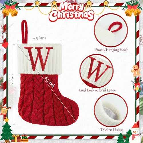 Christmas Stockings with Initials, 7 Inch Mini Letter Stocking, Embroidered Small Red White Cable Knitted Christmas Decoration for Home Family Holiday Xmas Tree Fireplace Gifts-Letter W