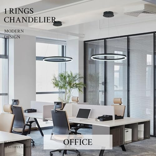 Black 24in Dimmable LED Pendant Light Ring Chandelier for Living Room & Dining