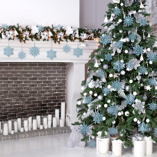 36Pcs Blue Glitter Snowflake Decorations Christmas Ornaments, Hanging Plastic Snow Flakes Ornaments with Silver Rope for Christmas Tree Decorations, Winter Wonderland Party Supplies