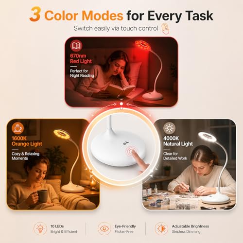 White Desk Lamp with 670nm Red Light Therapy for Sleep & Reading