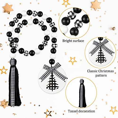 Jetec 2 Pcs Christmas Wood Bead Garlands 33.5 Inches Buffalo Plaid Farmhouse Beads with Tassels Decor Tiered Tray Decor Wall Hanging Home Ornaments for Christmas Tree Decorations(White and Black)