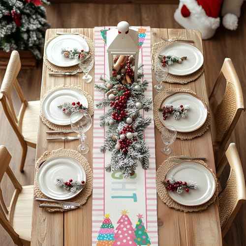 GEEORY Christmas Table Runner 13x60 Inch, Striped Trees Merry and Bright Xmas Decorative Farmhouse Table Decoration for Kitchen Dinning, Indoor Outdoor Dinner Party (Pink) GT125-60