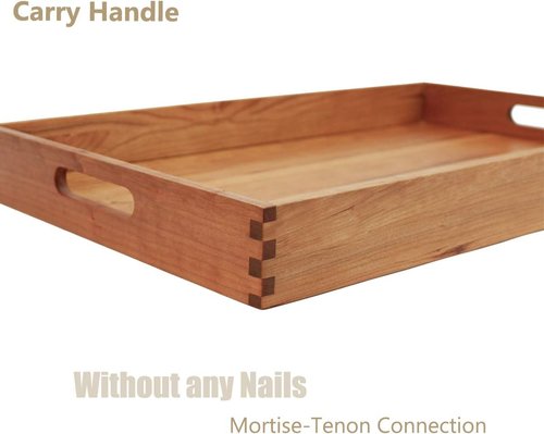 Cherry Wood Ottoman Tray - Large 22 x 14 Inch Rectangle with Handles for Serving Tea, Coffee, or Breakfast