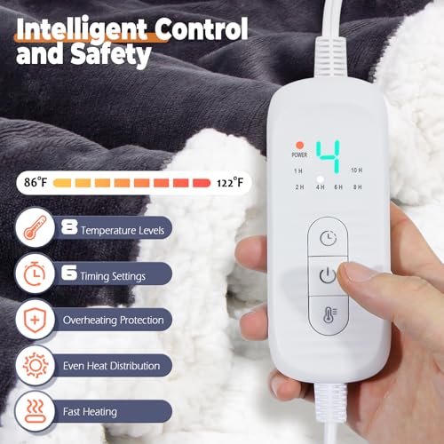 Grey Wearable Heated Blanket with Foot Pocket & Hood - Electric Throw with Sleeves, 8 Heat Levels, Auto-Off, Portable