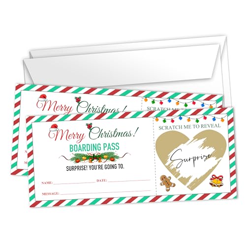 Christmas Travel Gift Tickets with Scratch-Off Plane Passes & Envelopes for Couples & Family