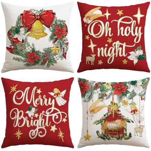 Artscope Christmas Oh Holy Night Merry Bright Jesus Wreath Throw Pillow Covers 18x18 Inch Set of 4, Winter Hoilday Christmas Decoration Pillow Cases for Home Sofa Couch Decor-Red