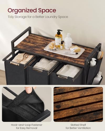 Laundry Hamper with Shelf and 3 Removable Bags - Black + Rustic Brown, 120L
