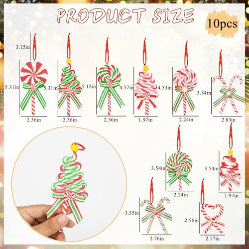 10Pcs Christmas Candy Cane Ornaments for Tree Decorations - Polymer Clay Glitter Lollipop Candy Cane for Holiday Party Home Decor