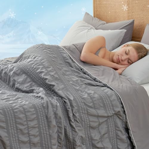 King Size Reversible Cooling Comforter with Seersucker & Silky Sides - Dark Grey
