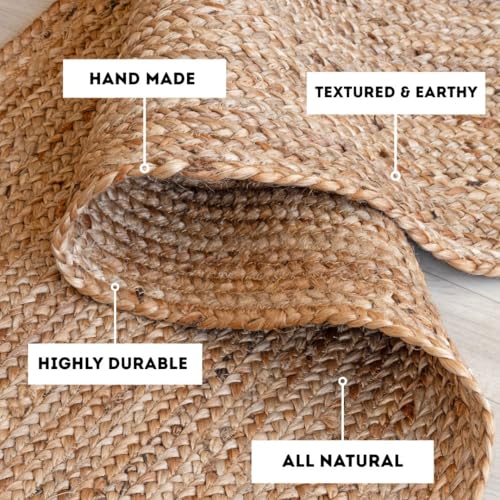 HOMEMONDE 5' Round Natural Handwoven Jute Area Rug - Reversible Boho Farmhouse Carpet