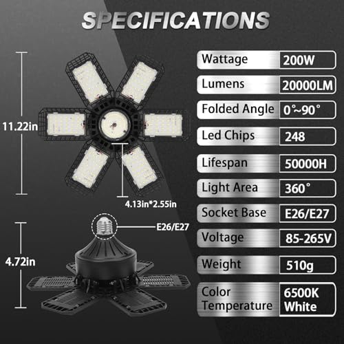 AUDLES 200W LED Garage Lights 4 Pack, Bright Ceiling Shop Lights, 6500K