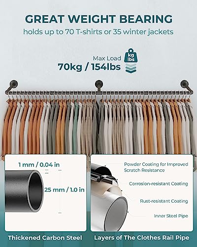 Heavy Duty Industrial Pipe Clothes Rack 65.7 Inch Wall-Mounted 2 Pack - Black