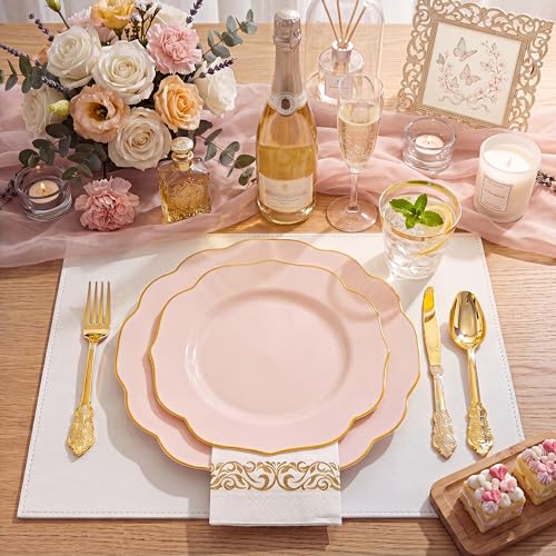 Pink 175-Piece Disposable Party Set with Gold Cutlery & Napkins - 25 Guests