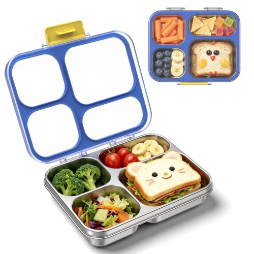 Kids Stainless Steel Lunch Box with 4 Compartments - Leakproof BPA-Free Bento Container, Blue Variation