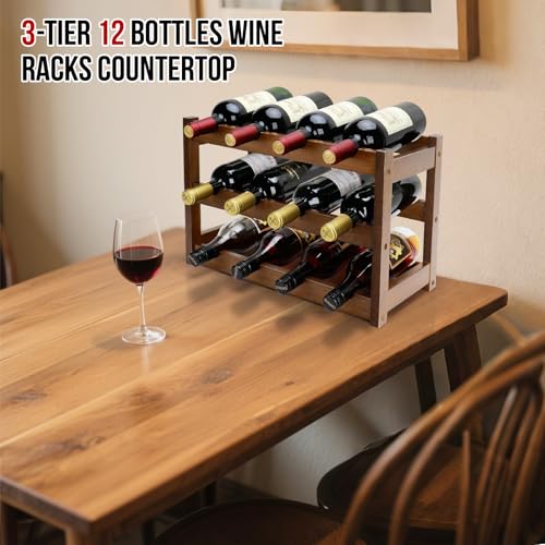 Walnut 3-Tier Bamboo Wine Rack - Holds 12 Bottles, FSC Certified, Space-Saving Storage Shelf