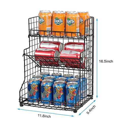 Black 3-Tier Snack Organizer Rack Bins with Adjustable Tilting for Pantry & Kitchen Storage