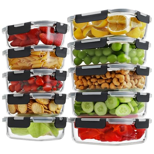 Black HOMBERKING 10-Pack Glass Meal Prep Containers with Locking Lids, 36oz & 14oz