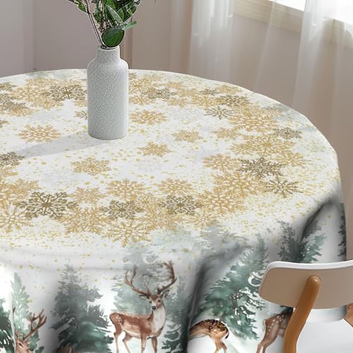 Imiss Winter Wonderland Reindeer Round Tablecloth 60in - Snowflake Pine Tree Christmas