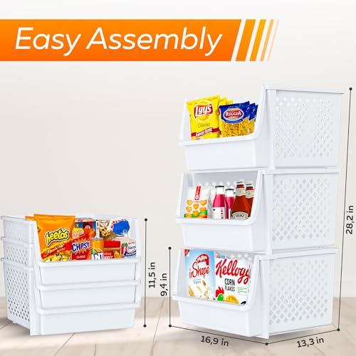 Skywin 6 Pack XL Stackable Open Front Storage Bins for Pantry & Organization – White