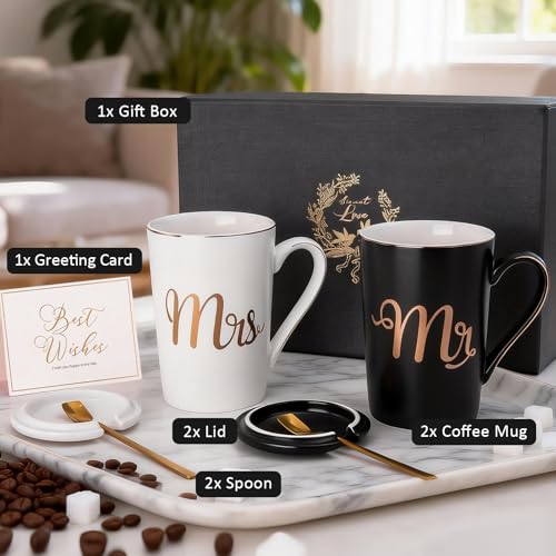 Mr and Mrs Mugs Set Printed with Gold, Wedding Engagement Gifts for