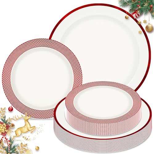 Boocikey Red & White Christmas Disposable Plates Set - Holiday Dinnerware for 20 Guests