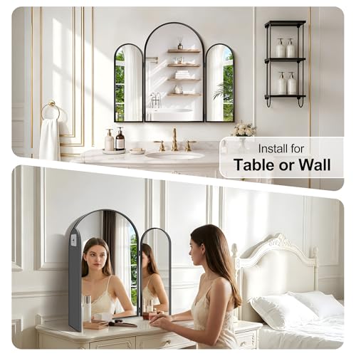 Black 30x36 Inch Tri-Fold Arched Vanity Mirror Wall Mount for Makeup & Hair