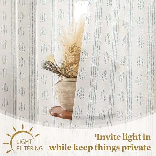 Boho Linen Curtains 52 W x 84 L - Blue Grommet Top 2 Panels - Farmhouse Style