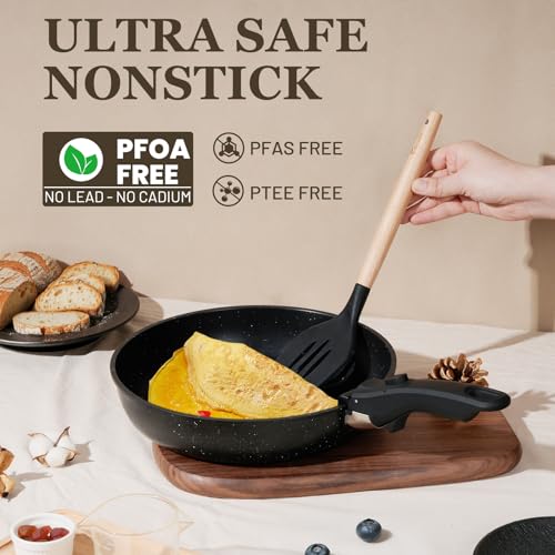 Black Nonstick Cookware Set - 20 Pack Stackable Pots & Pans with Detachable Handles