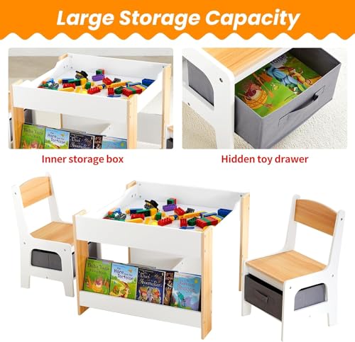 Asweets Kids 4-in-1 White Kids Table & Chair Set with Storage Drawer, 24.49 x 24.49 inches