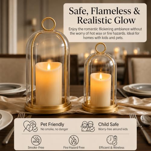 Gold Hurricane Candle Holders Set - Vintage Lanterns with LED Candles, 4” & 5”