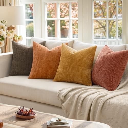 Orange Brown Chenille Fall Pillow Covers 20x20 Set of 4 – Luxurious Soft Decor