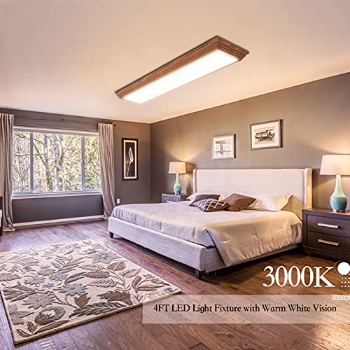 FaithSail 4FT LED Ceiling Light Fixture with Wooden Frame, Dimmable 3000K/4000K/5000K, 50W Flush Mount for Kitchen, Bedroom, Laundry