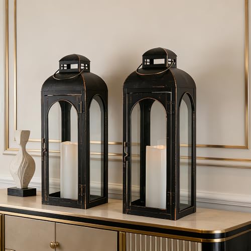 NEEDOMO 22-Inch Set of 2 Bronze Metal Lanterns with Tempered Glass Panels - Indoor & Outdoor Decorative Hurricane Lights