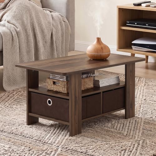 Furinno Andrey Coffee Table with Bin Drawer - Columbia Walnut/Dark Brown, 2 Bins