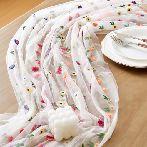 Wracra White Daisy Embroidered Cheesecloth Table Runner — 10ft x 28" W x 120" L
