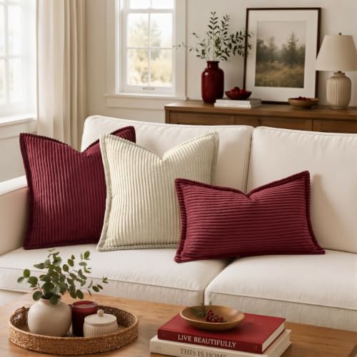 MIULEE Burgundy 18x18 Corduroy Throw Pillow Covers Set of 2