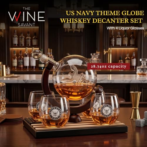 Navy Globe Whiskey Decanter Set with Glasses & Whiskey Stones - Veteran Gift