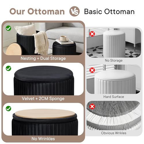 DUMOS Deep Black 14.57''D x 18.11''H Round Storage Ottoman Set of 2 - Vanity & Foot Stool