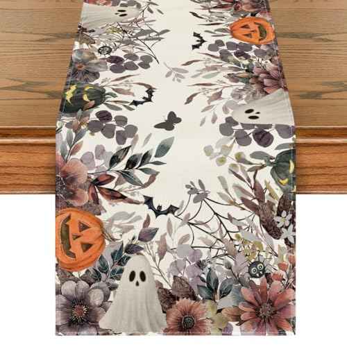 Artoid Mode Jack-O'-Lantern Pumpkin Floral Ghost Halloween Table Runner, Eucalyptus Kitchen Dining Table Decoration for Home Party Decor 13x72 Inch